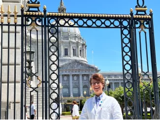 Julie Ann Sosa MD MA FACS preparing for the Keynote Address at the UCSF White Coat Ceremony, August 2023